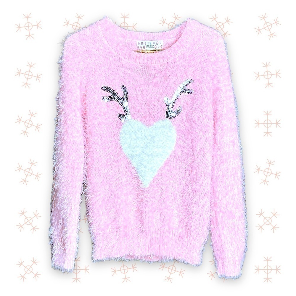 Pink Republic Eyelash Sweater Reindeer Heart Girl’s Pink Ugly Christmas Size 14